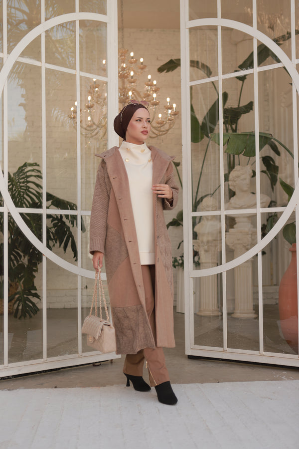 Triko Detaylı Kapüşonlu Kap