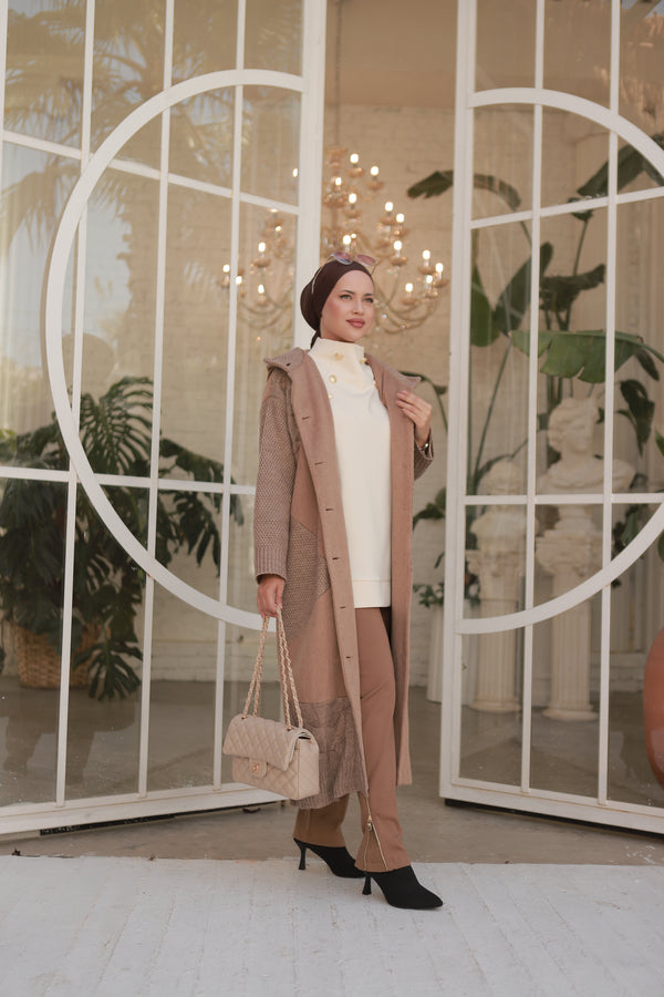 Triko Detaylı Kapüşonlu Kap