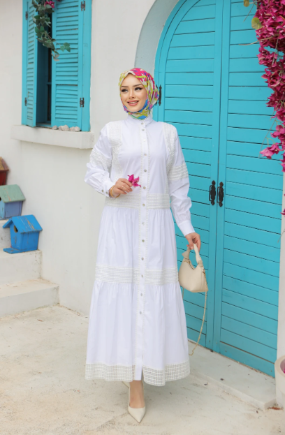 KATLI HAKİM YAKA NOKTA DETAYLI ELBİSE