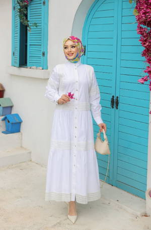 KATLI HAKİM YAKA NOKTA DETAYLI ELBİSE