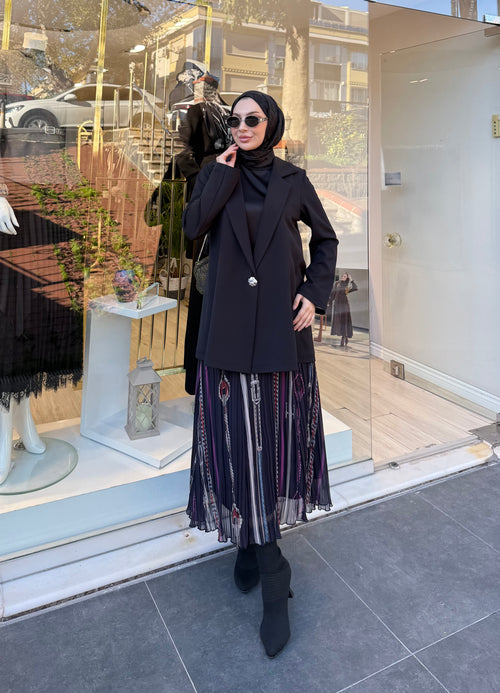 ŞİFON BOYUNA ZİNCİR PLİSE ETEK